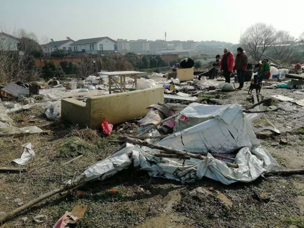 被拆除的考古队员专用蓬房，物品散落一地。  图自澎湃新闻