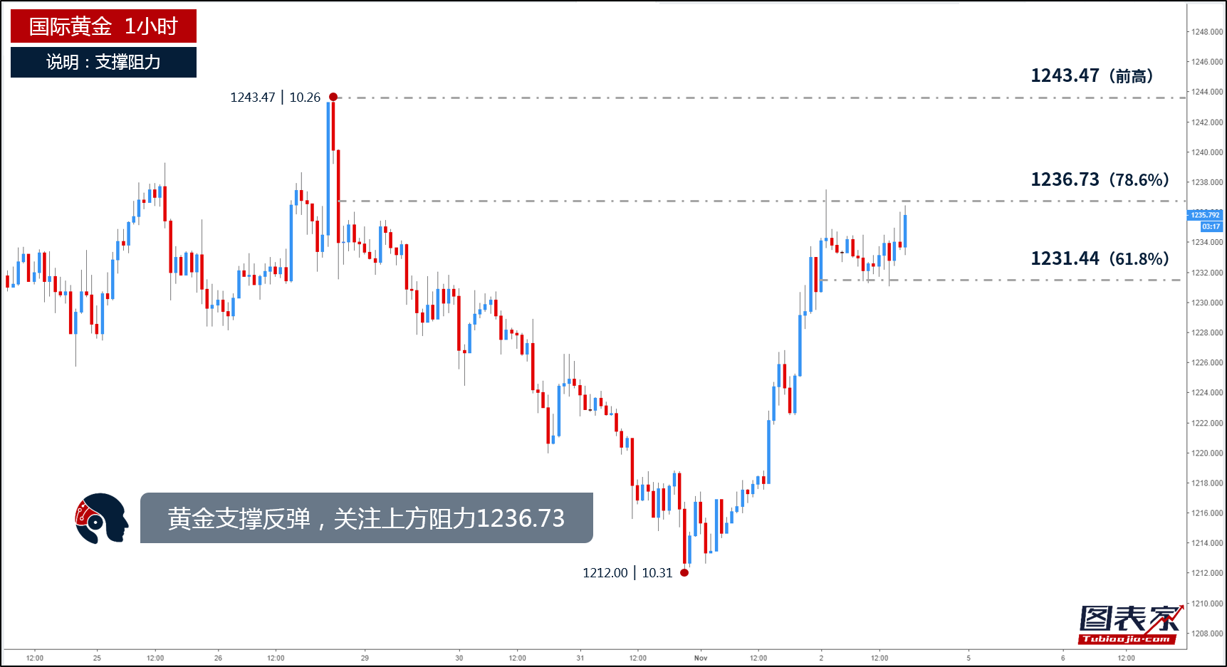 图表家每日一图：黄金继续反弹，日内或涨至1