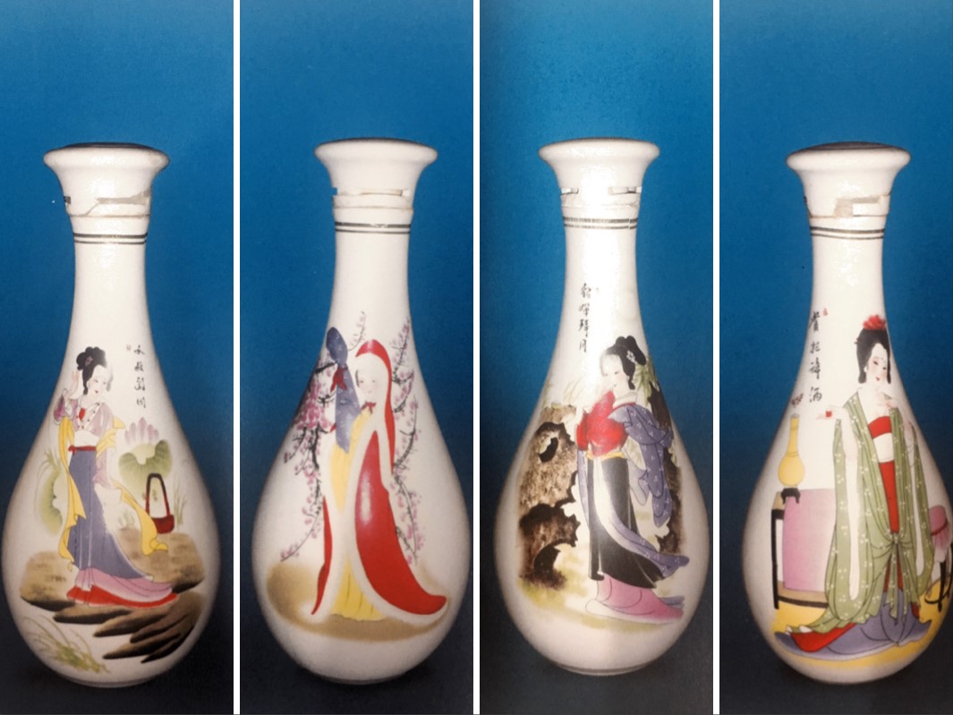 四个酒瓶分别描绘了西施浣纱,昭君出塞,貂蝉拜月与贵妃醉酒的画面