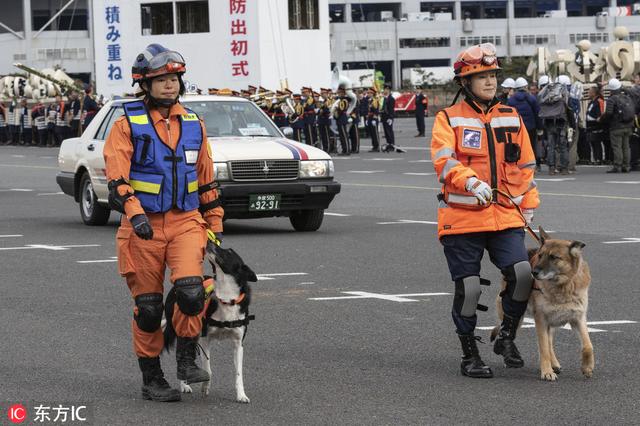 日本举行新年消防演习 消防员竹梯顶上玩杂耍