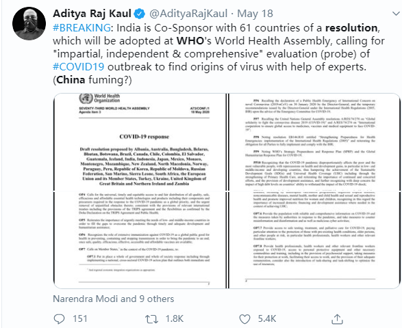 图为一个印度媒体大V宣称决议将调查病毒来源，中国要被气坏了