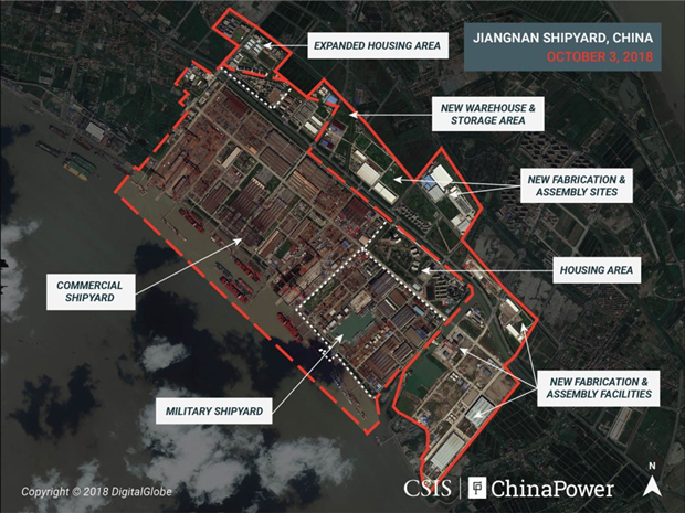 卫星2018年拍摄的江南造船厂，虚线部分为2011年规模  本文图自CSIS网站