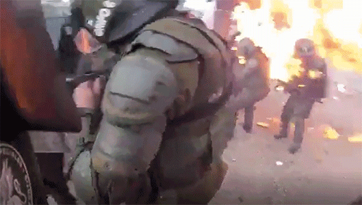 智利女警被汽油弹击中（视频截图）