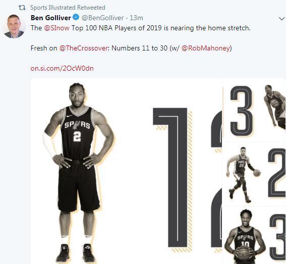 美媒排现役前十球员名单出炉,勇士和火箭队各