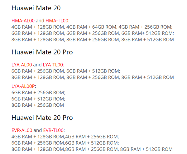 9月26日更新了4款华为mate 20系列新机型,并提前放出了内存等参数信息