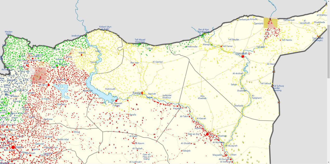  2019年10月15日晚上7点的战争态势图，政府军（红色）已经进驻了所有叙利亚北部主要城市的军事设施