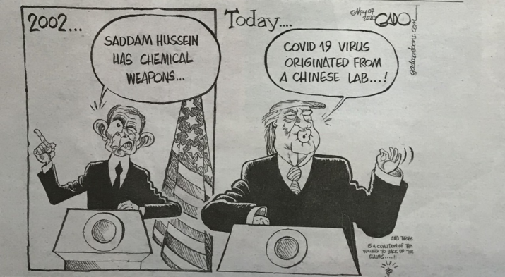  △肯尼亚《标准报》5月7日漫画讽刺美国政府像2002年发动伊拉克战争一样无中生有地编造理由指责中国