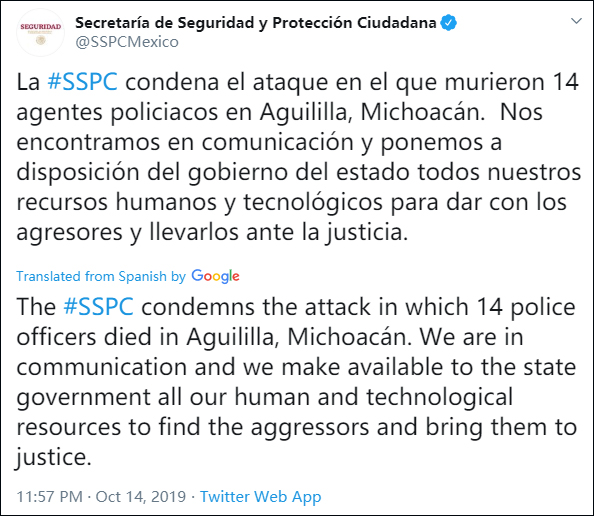  墨西哥国家安全部门推特截图
