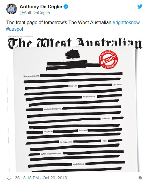 《西澳大利亚人报》资深编辑20日在推特展示该报21日头版