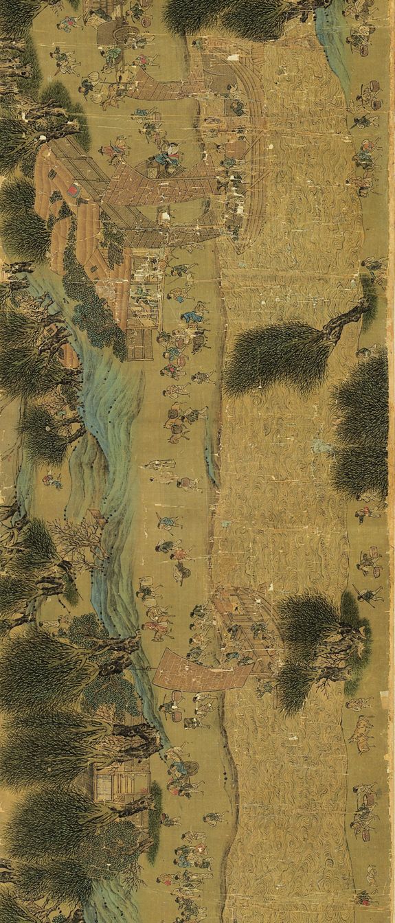 下为明代仇英本《清明上河图》,仇英本较之原作内容更复杂,长度也更长