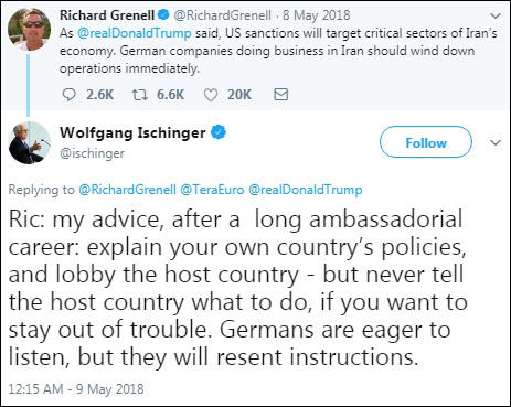 德国驻美大使在推特上对格雷内尔“苦口婆心”