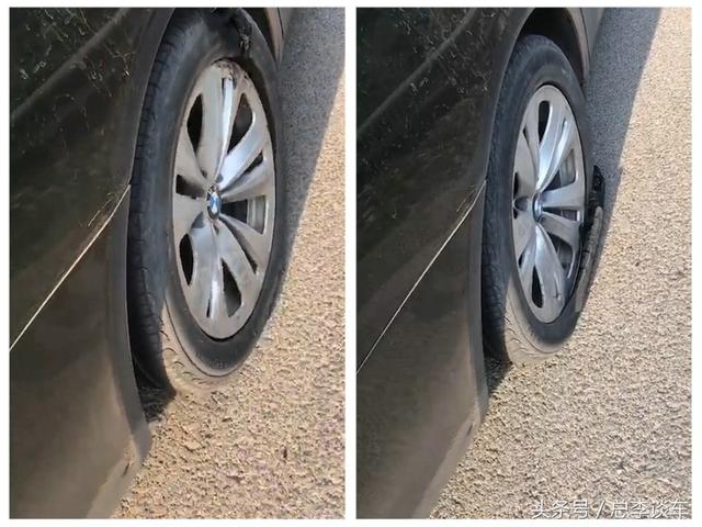 宝马7系爆胎,前不着村后不着店,车主很生气,开到轮毂变形