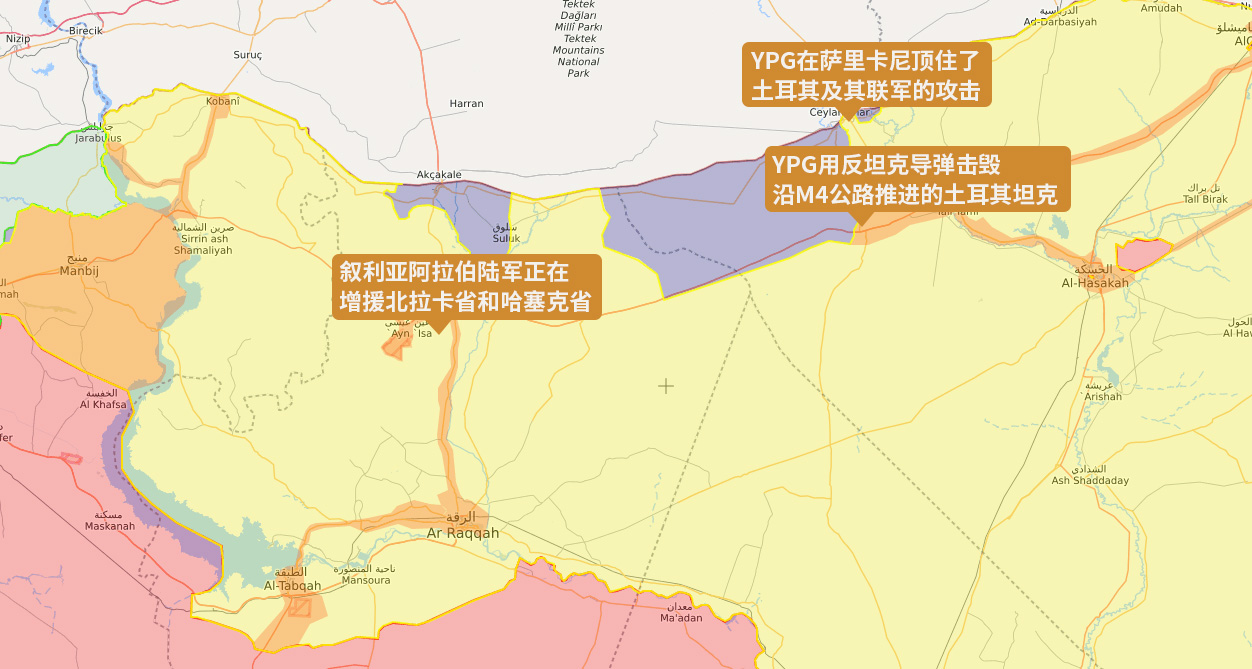 黄色为YPG控制区域，蓝色为土耳其联军入侵区域，橙色为叙利亚阿拉伯陆军控制区域 图源：观察者网