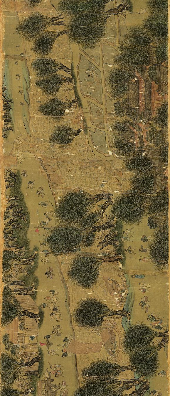 下为明代仇英本《清明上河图》,仇英本较之原作内容更复杂,长度也更长