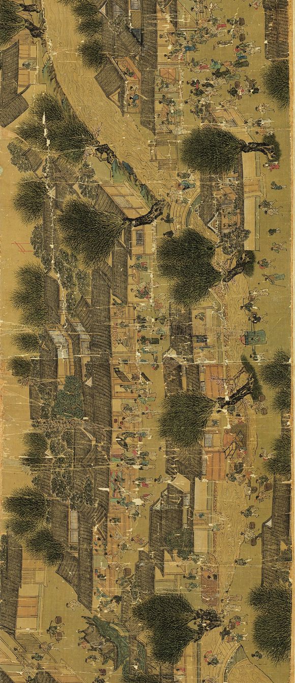 下为明代仇英本《清明上河图》,仇英本较之原作内容更复杂,长度也更长