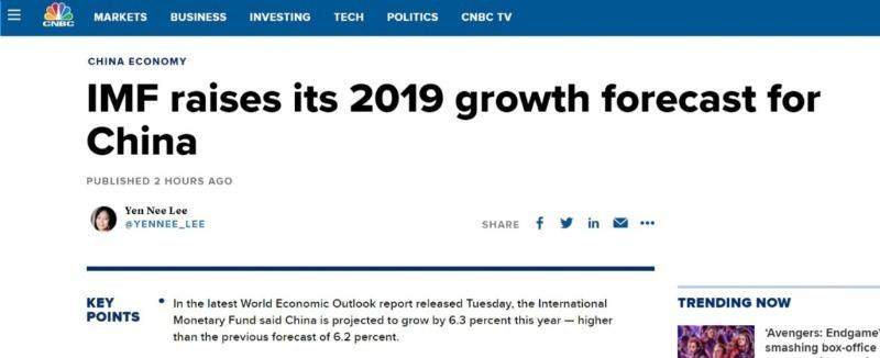 IMF上调中国2019年GDP增速预期。图片来源：CNBC网站截图