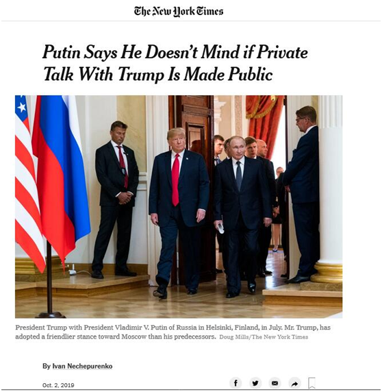 《纽约时报》报道截图：普京表示，他不介意与特朗普的私人谈话被公开