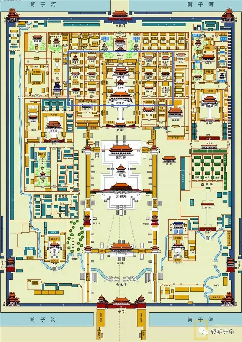 从故宫的地图上先得找到皇帝的嫔妃们居住的地方:东西六宫(图中上部