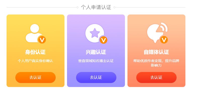 按照微博加v认证的规则,共有三种个人申请认证形式,分别为"身份认证"