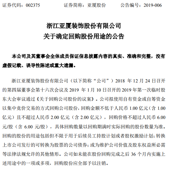 亚厦股份拟最高2亿元回购股份 用于股权激励等