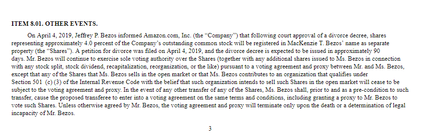 亚马逊向SEC递交的文件显示，麦肯齐将拥有亚马逊4%的股份。