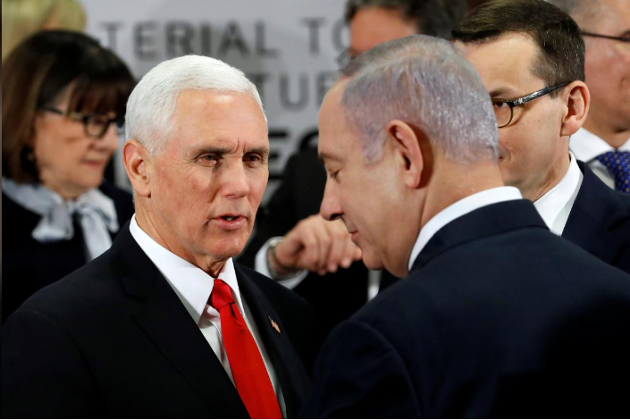2019年2月14日，在华沙中东问题会议上，美国总统彭斯和以色列总理内塔尼亚胡。（路透社）