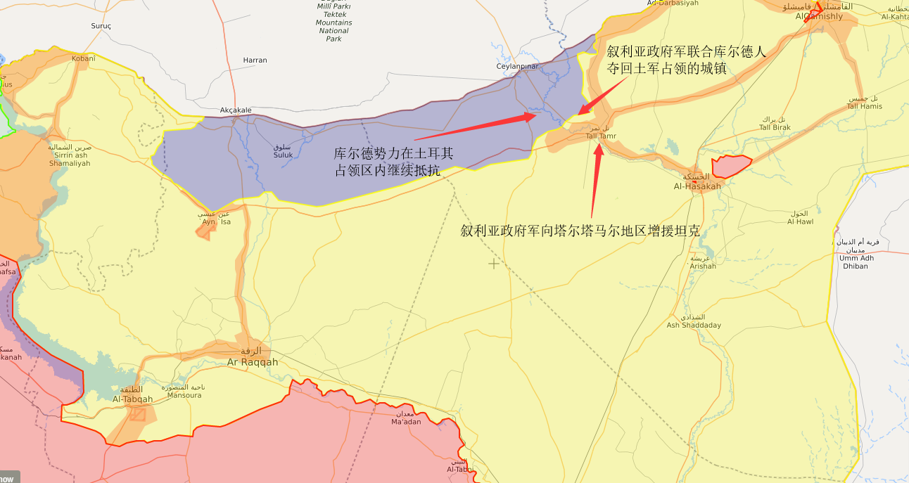 紫色位置为土耳其"安全区",橙色位置为叙利亚政府军控制区除了控制线