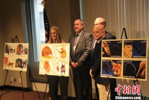 资料图：2013年，联合国在纽约发行《濒危物种》邮票12枚，展现亚洲貘、猫鼬、扁头豹猫等稀有动物。中新社 李洋 摄