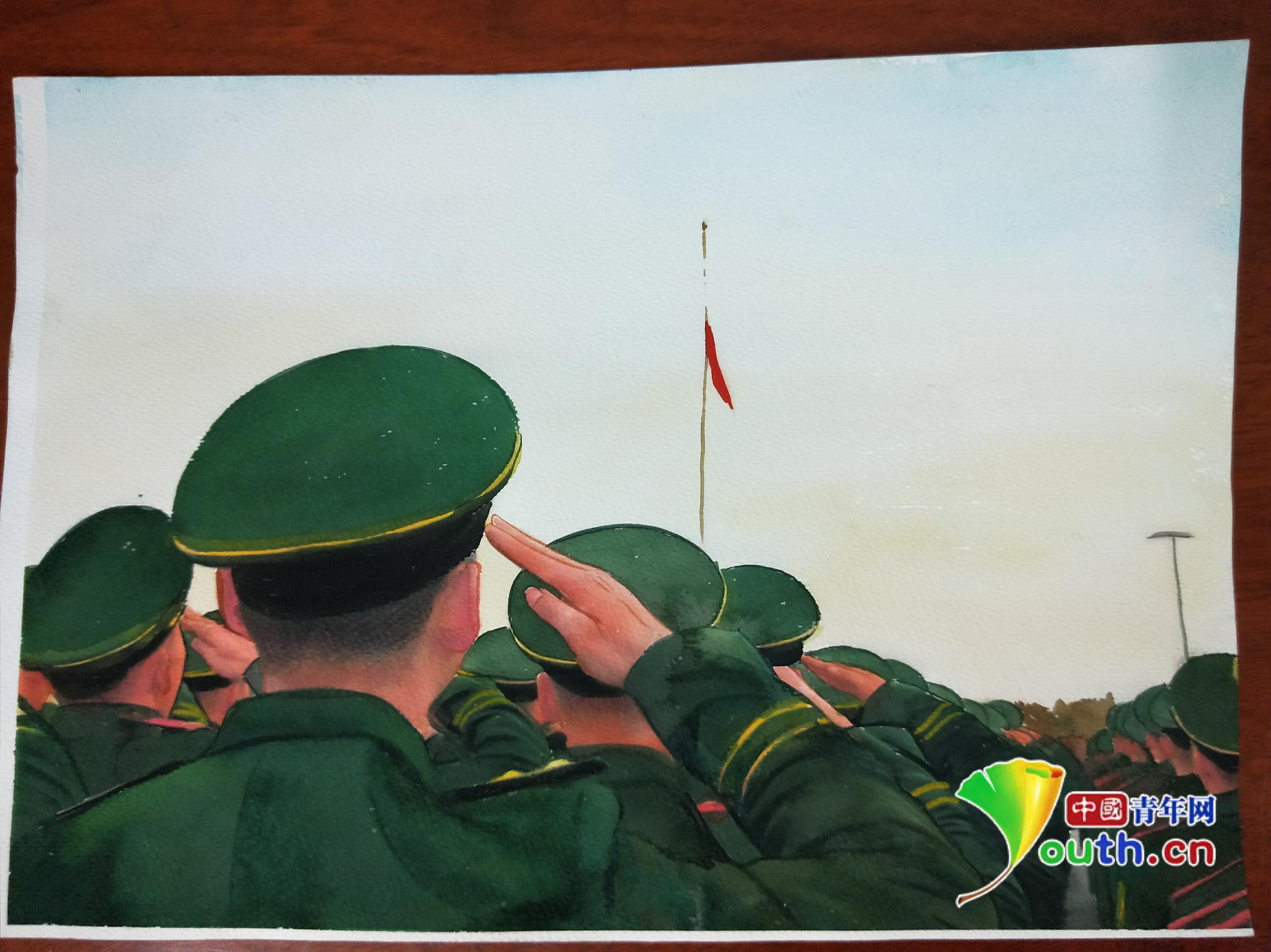 军人升旗绘画图片