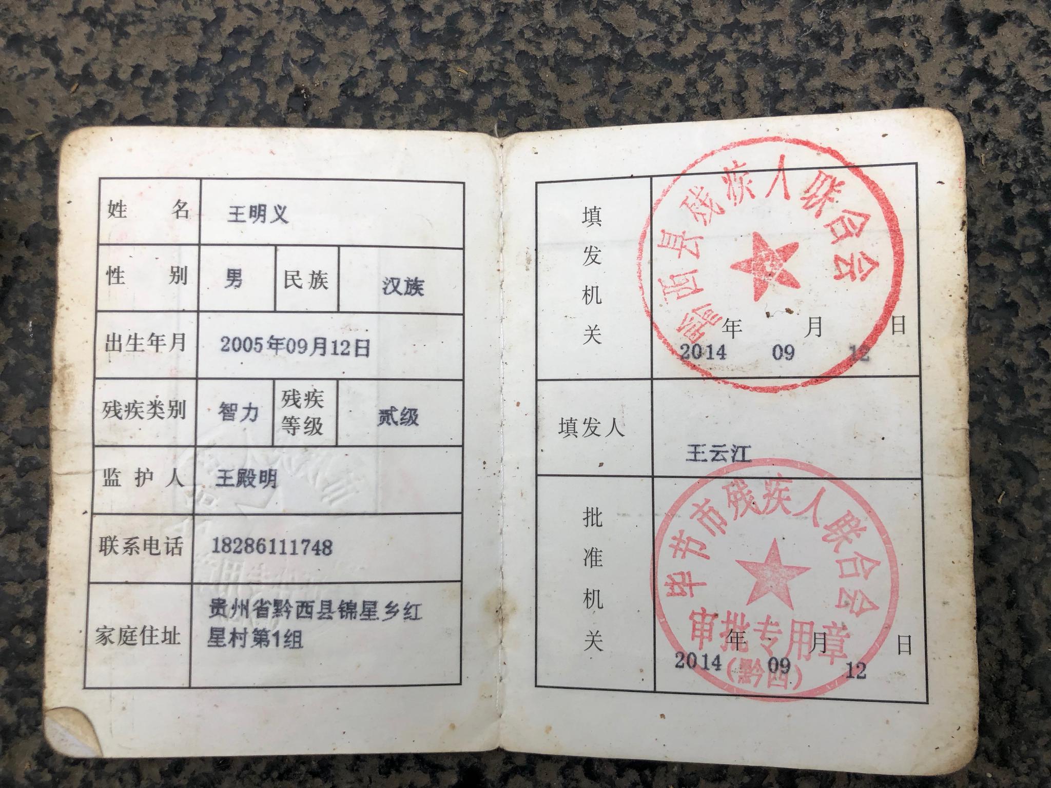 王明义的残疾证上,残疾类别一栏填写的是智力,等级为二级,疾病证明书