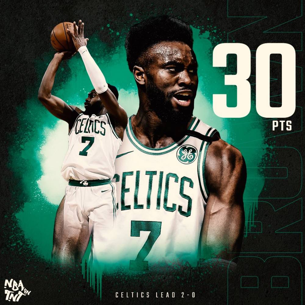 全场比赛,凯尔特人球员杰伦-布朗22投12中拿到30分5板1助.