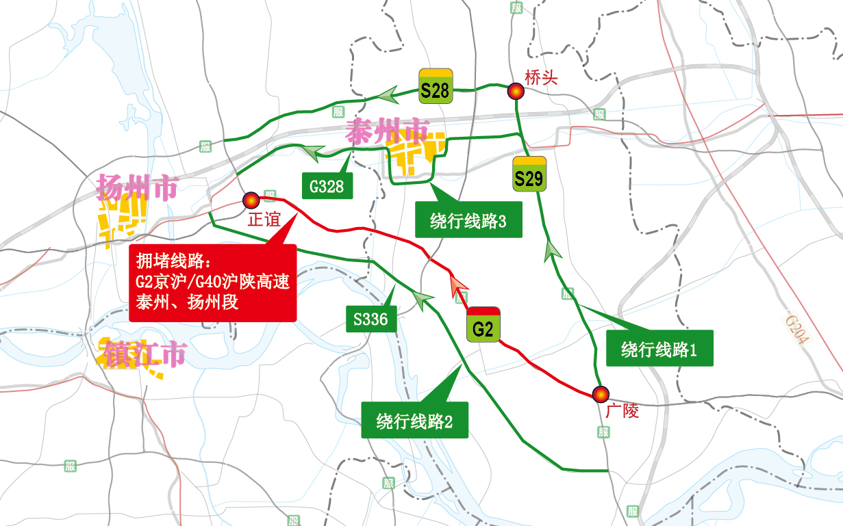 g2京沪/g40沪陕高速泰州-扬州共线段绕行线路中秋,国庆期间,由于g2