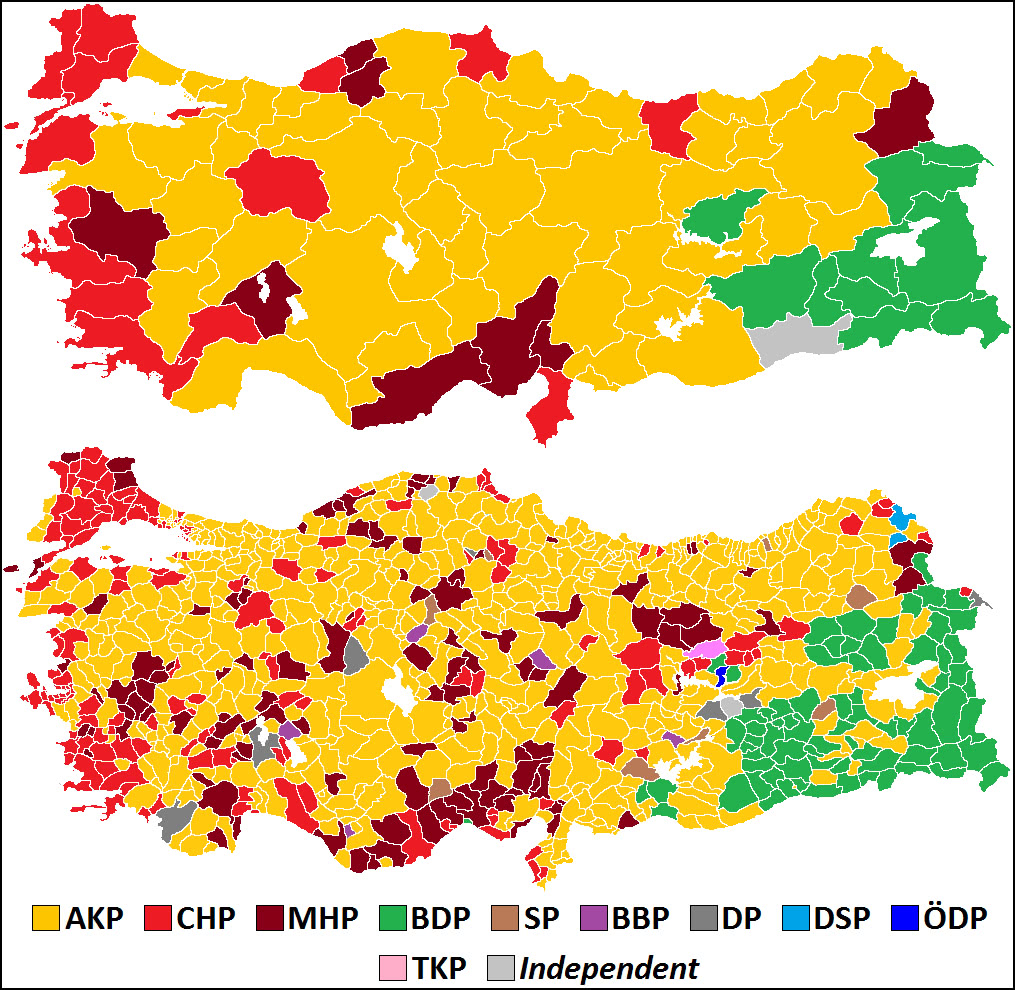 2014年土耳其地方选举，伊斯坦布尔和安卡拉都由AKP控制（图源：维基百科）