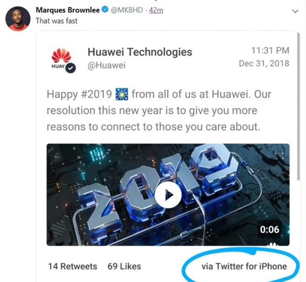 华为官方Twitter用iPhone发庆祝新年推文 被截