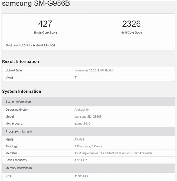 三星Galaxy S11现身GeekBench 5.0.3 搭载矩阵5摄支持一亿像素