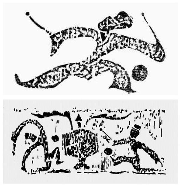 汉代画像石上的蹴鞠汉代画像石上也多见舞者,击鼓者身旁有圆形物体悬