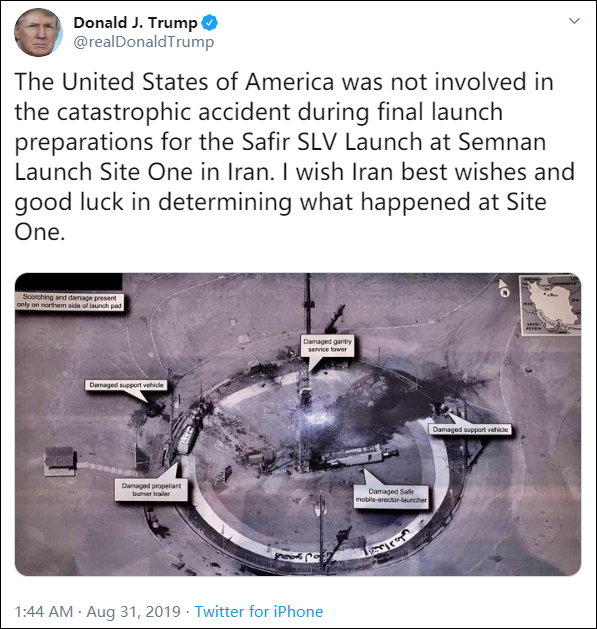美国火箭爆炸:伊朗火箭爆炸后 美国实施新一轮制裁 特朗普推特截图