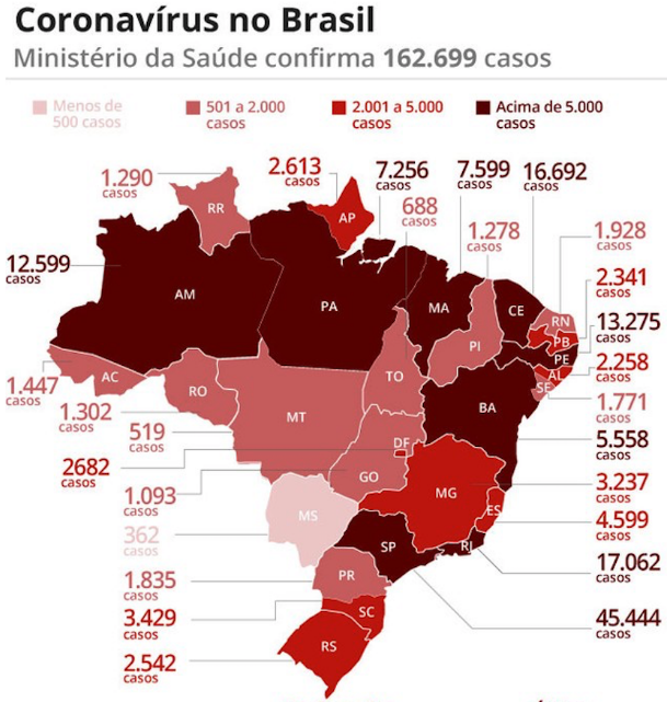 △巴西新冠肺炎确诊病例分布图（图片来源：巴西媒体环球网）