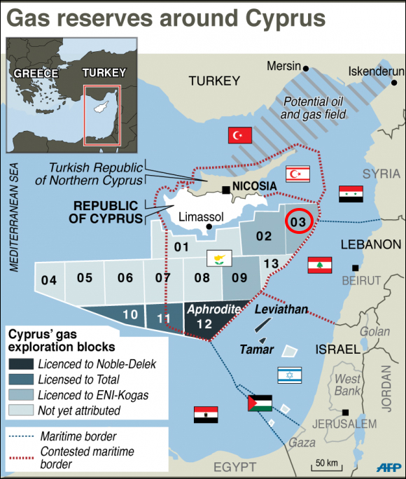 去年2月，意大利勘探公司在03区（红圈）遭遇土耳其军舰拦截 图源：法新社