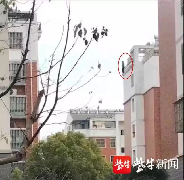 女生站在六楼楼顶要跳楼。 截屏图