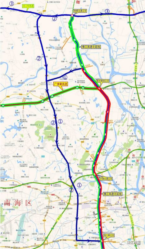 ①南行车辆绕行出一环北延线→花园大道→官和路→桂和路→海八路