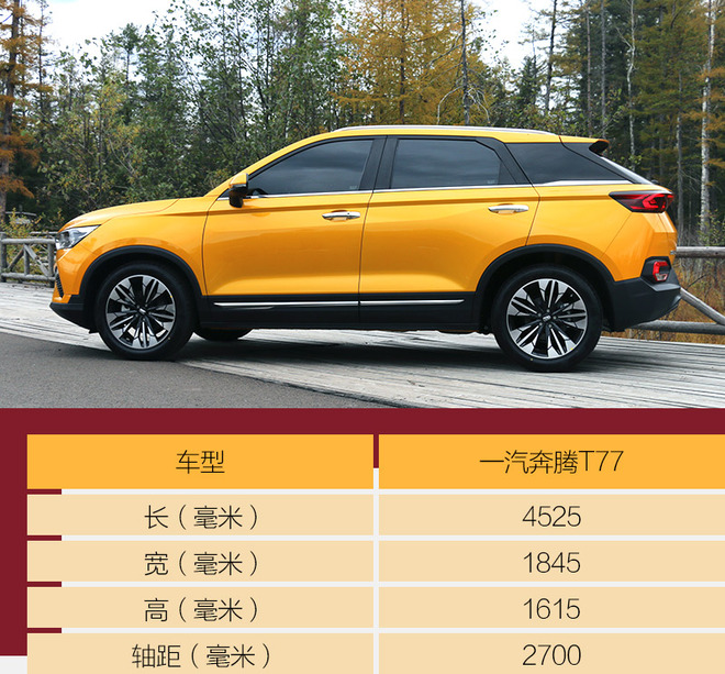 奔腾t77采用了悬浮式车顶,造型别致的五辐轮圈等等配置,使新车能够