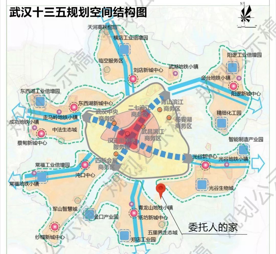 图9:武汉的十三五规划空间结构图1 个主城,指的是三环线以内的中心