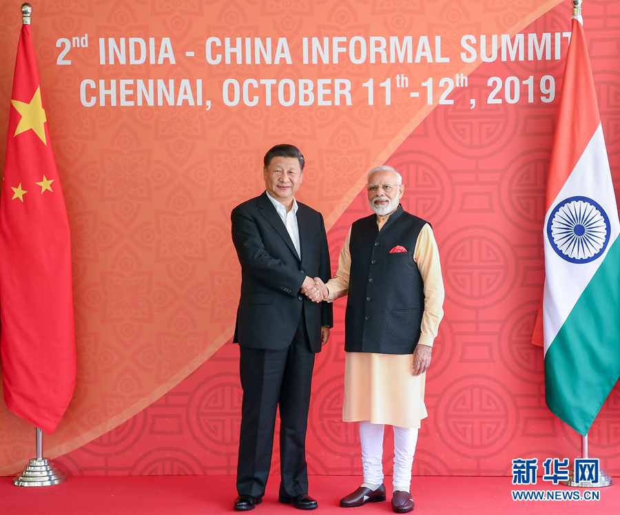 10月12日，国家主席习近平在金奈同印度总理莫迪继续举行会晤。（新华社记者 谢环驰 摄）