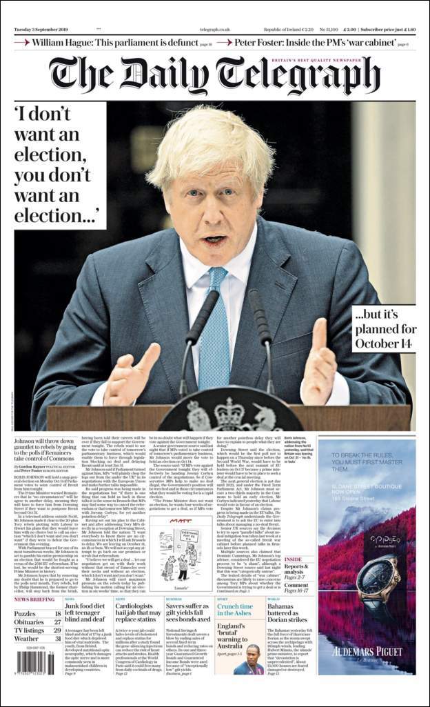 而3日的英国报纸头条,都赫然印着这位新首相前一日的"威胁": 《每日