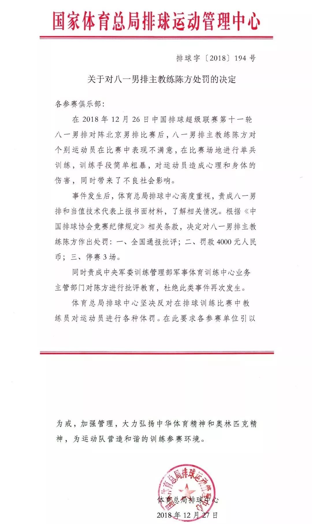 排球中心责罚决定全文。