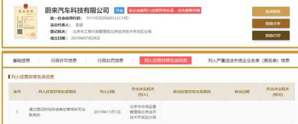 蔚来子公司被列入异常经营名单 蔚来回应：还没开张