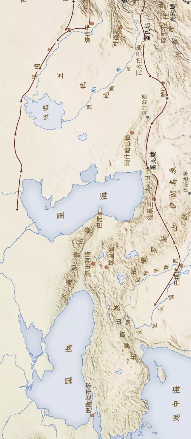 在敦煌分道南北两路中原地区的商旅从洛阳,长安等都市出发军事,商贸