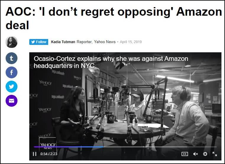4月15日，科尔特兹接受“诡计”采访，表示了自己对亚马逊总部交易的反对（图源：雅虎截图）