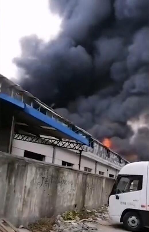 上海金山一厂房发生火灾 黑烟直冲云霄 厂内财物付之一炬